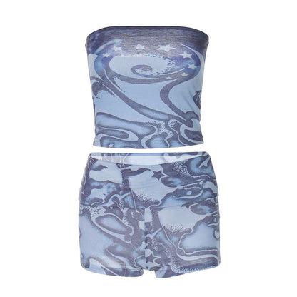 Women Co-Ord Set Sexy Midriff-Baring Top Skinny Sheath Shorts Two-Piece Set