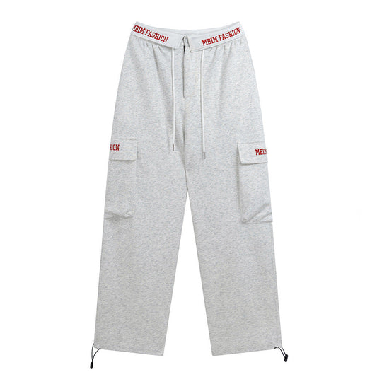 Men Sweatpants Pocket Cargo Pants Men Loose Leisure Sports Trousers Embroidery Letters Drawstring Jogger Pants