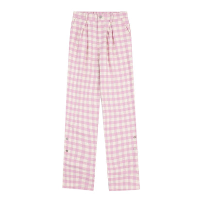 Men Sweatpants Plaid Casual Sports Trousers Button Slit Pants
