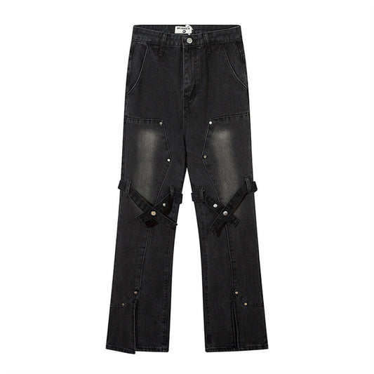 Women Pants Lace-up Skinny Jeans Straight-Leg Pants