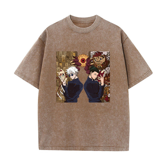 Men Washed Apricot T-Shirt Hip Hop Streetwear Anime Graphic