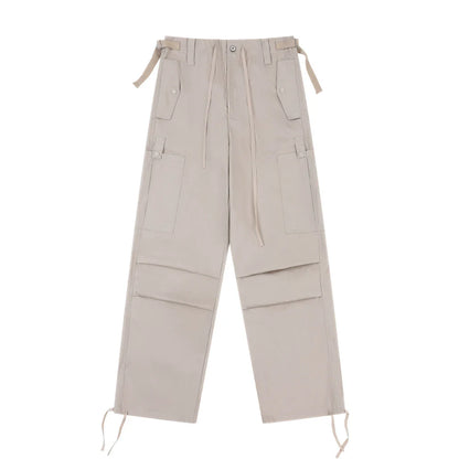 Men Sweatpants Casual Straight Trousers Loose Cargo Pleated Drawstring Ankle Banded Pants