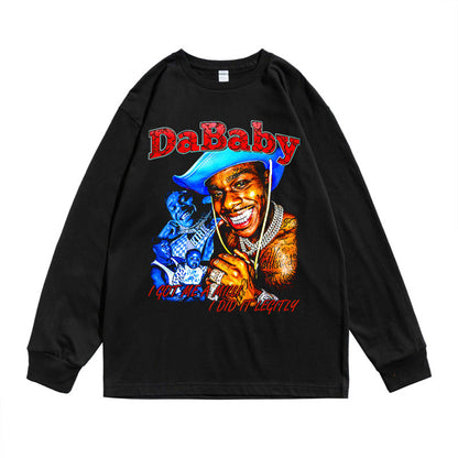Rock Star T Shirt Dababy Character Print T-shirt Long Sleeve Loose Cotton Men and Women Casual