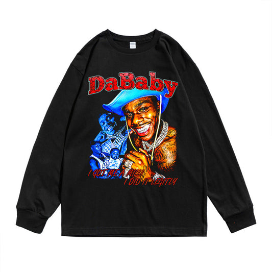 Rock Star T Shirt Dababy Character Print T-shirt Long Sleeve Loose Cotton Men and Women Casual