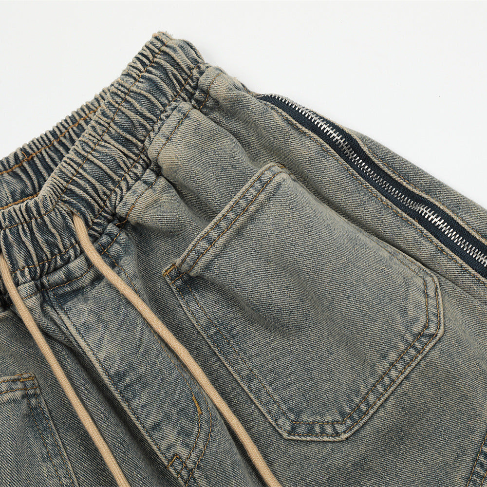 Men Shorts Side Zipper Stitching Denim Shorts Distressed