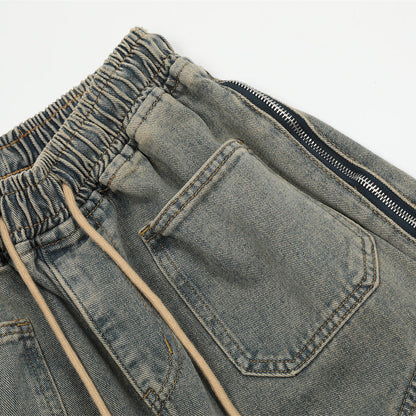 Men Shorts Side Zipper Stitching Denim Shorts Distressed