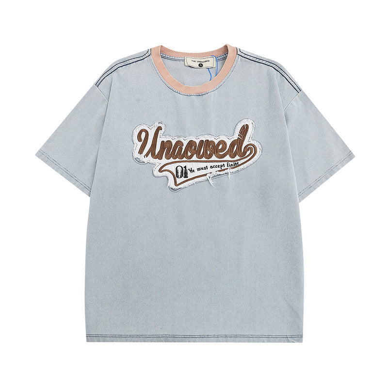 Men T-shirt Retro Street Embroidered Short-Sleeved T-shirt