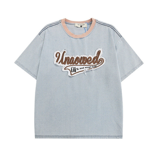 Men T-shirt Retro Street Embroidered Short-Sleeved T-shirt