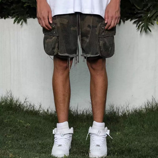 MIJKO Men Shorts Casual Pants Drawstring Splicing Camouflage Shorts