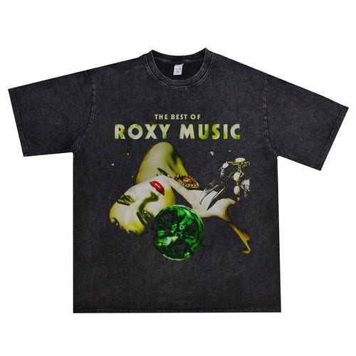 Rock Star T Shirt Roxy Music Locksey Music Band Character Washed Distressed T-shirt Loose Men and Women