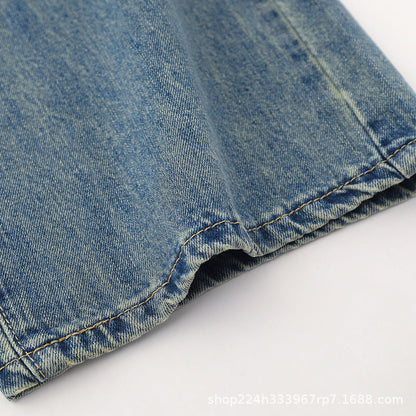 Women Pants Washed Jeans Straight Wide Leg Pants Loose Trousers