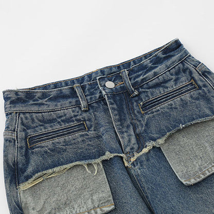 Women Pants Pocket Straight Jeans Loose High Waist Wide Leg Pants Casual Washed Trousers