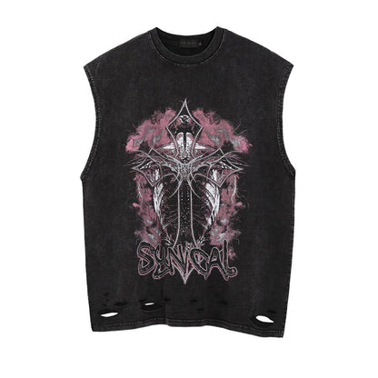 Men Vest Vintage Gothic Cross Washed Distressed Vest