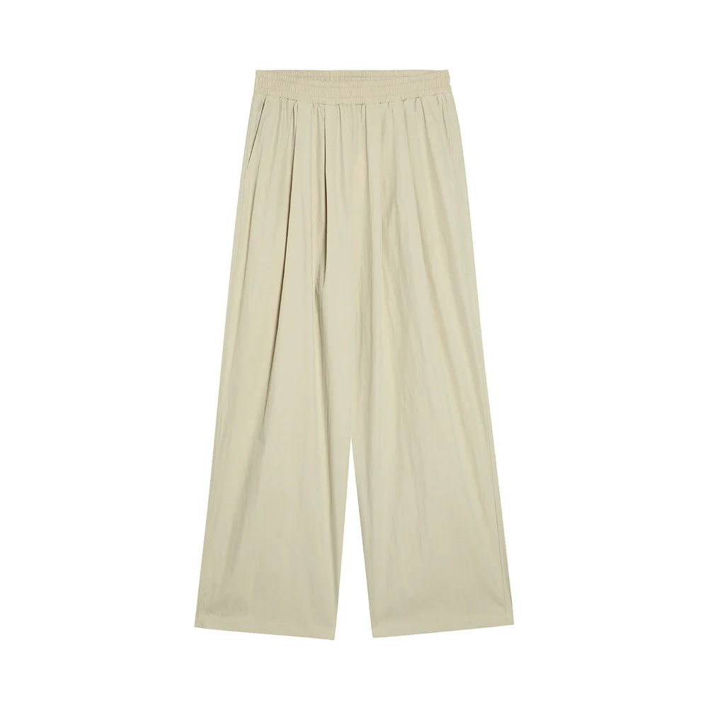 Men Sweatpants Solid Color Wide-Leg Casual Pants Pleated Draping Elastic Waist Loose Draggle-Tail Trousers