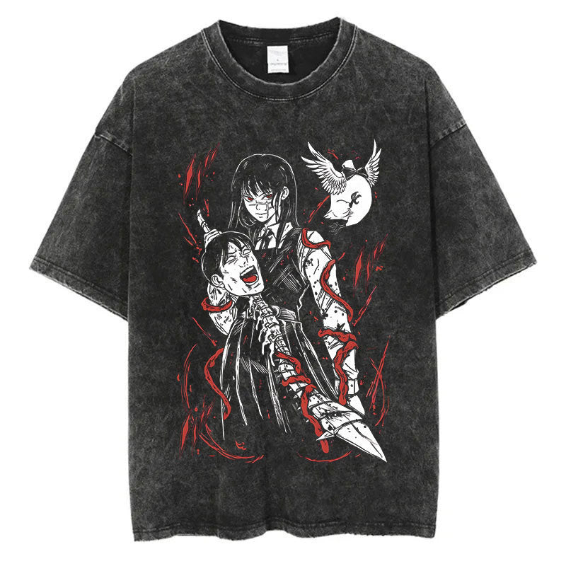Anime Chainsaw Men Washed Tshirt Retro Hip Hop Streetwear