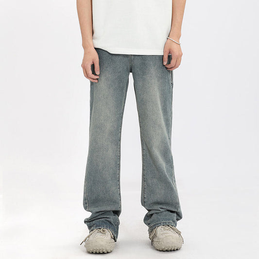Men Jeans Retro Washed and Worn Ground White Slightly Flared Jeans
