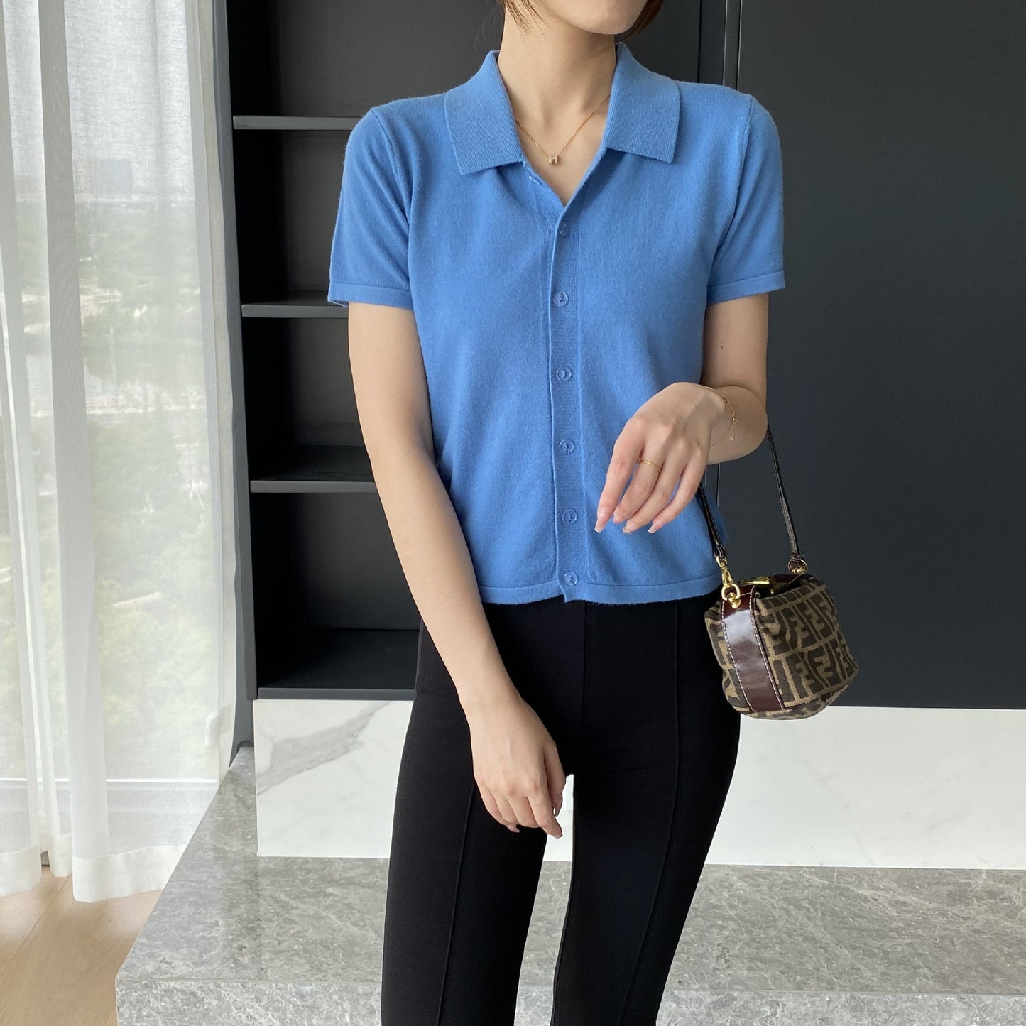 Women Knitted T-shirt Knitted Cardigan Jacket Slim Fit Short Sleeve Polo Collar Top