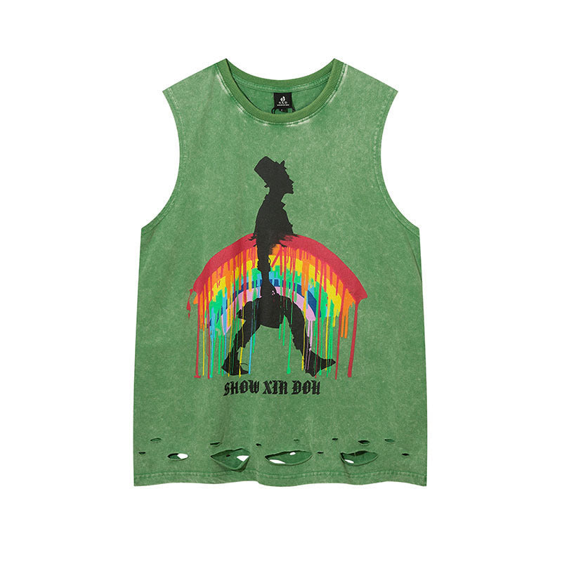 Men Vest Hip Hop Retro Graffiti Distressed Oversize Vest