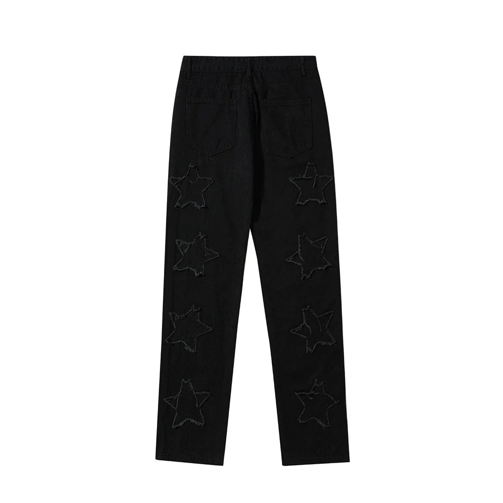 Men Sweatpants Five-Pointed Star Embroidered Straight-Leg Trousers Solid Color Loose Jeans