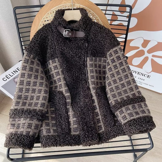 Women Cotton Coat Lamb Wool Leather Coat Loose Lapel