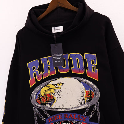 Rhude Hoodie Alphabet Eagle Flame Sleeve Hooded Sweater