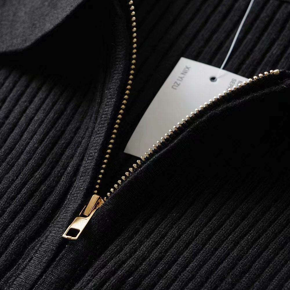 Women Sweater Knitwear Autumn Sexy Slim Lapel Double-Headed Zipper Navel Jacket