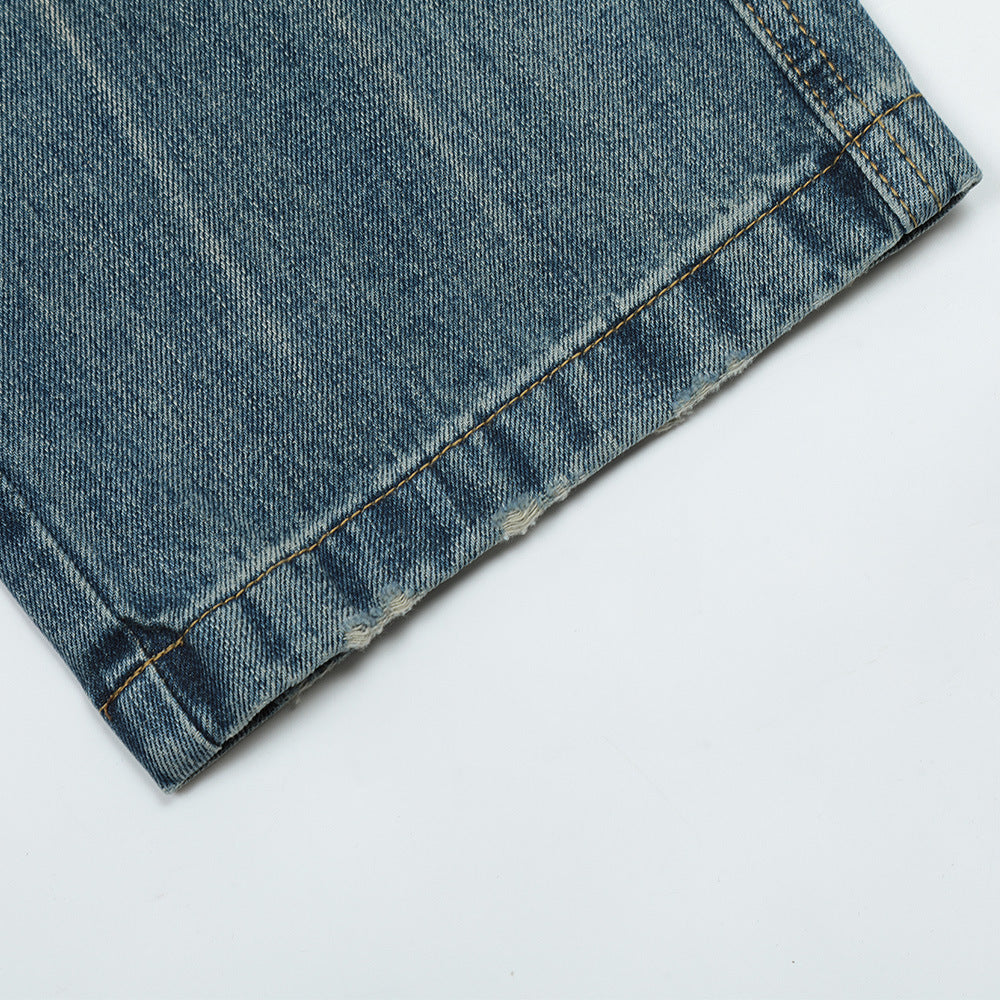 Men Jeans Worn White Old Loose Wide Leg Leisure
