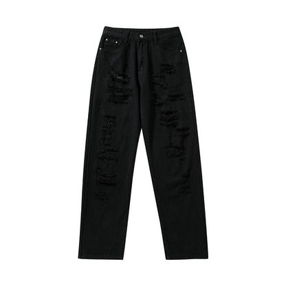 Men Jeans Ripped Jeans Vintage Distressed Straight-Leg Denim Trousers