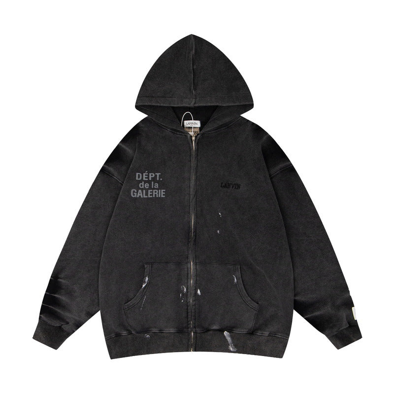Gallery Dept Hoodie Embroidery Letter Splash Ink Wash Hooded Sweater Cardigan Jacket