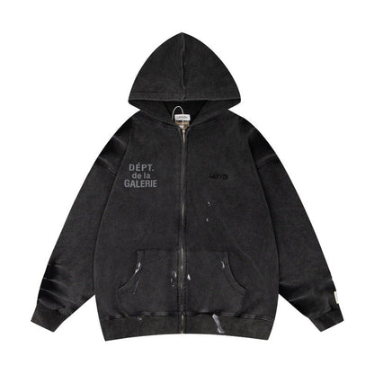 Gallery Dept Hoodie Embroidery Letter Splash Ink Wash Hooded Sweater Cardigan Jacket