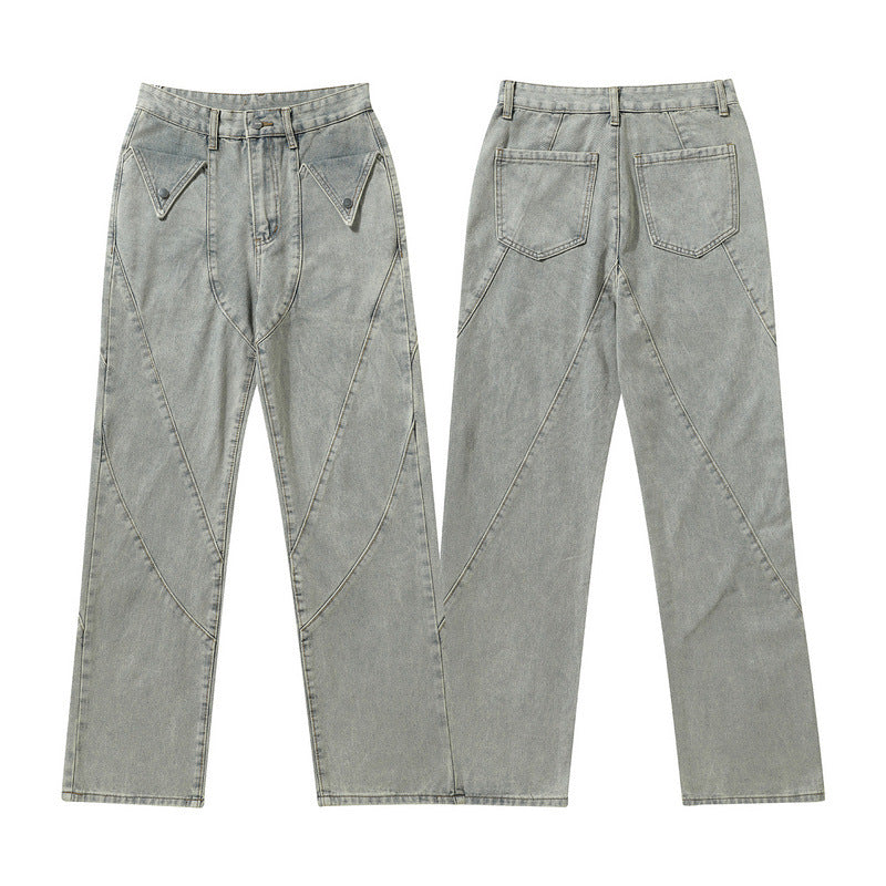 Men Jeans Straight-Leg Denim Trousers Washed and Worn Jeans