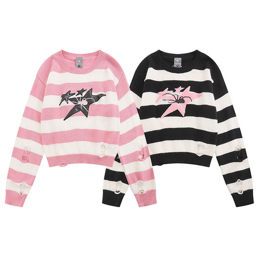 Women Sweater Color Stripe Hole Star Spider Embroidery