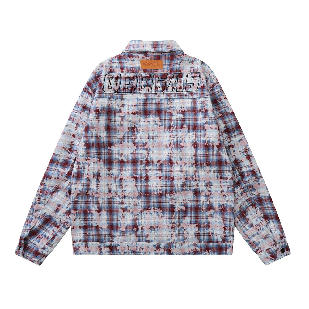 Men Jacket Coat Tie-Dyed Distressed Plaid Shirt Jacket Men's Loose Autumn Long Sleeve Zipper and Lapel Shirt Coat