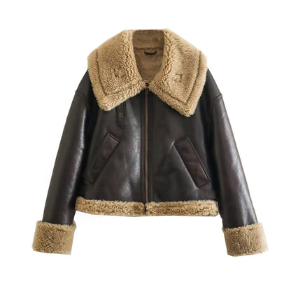 Women Cotton Coat Fleece Thickening Imitation Leather Jacket