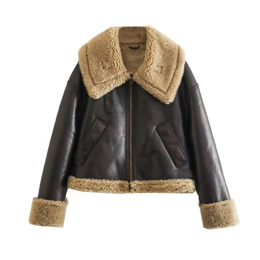Women Cotton Coat Fleece Thickening Imitation Leather Jacket