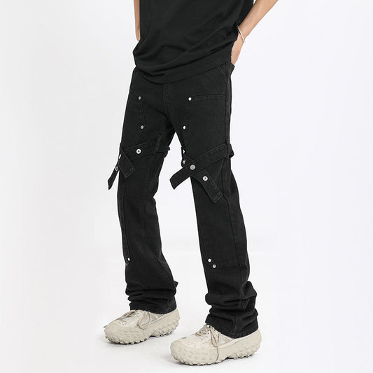 Men Jeans Straight Cargo Jeans Loose Straight-Leg Wide-Leg Pants