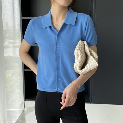 Women Knitted T-shirt Knitted Cardigan Jacket Slim Fit Short Sleeve Polo Collar Top