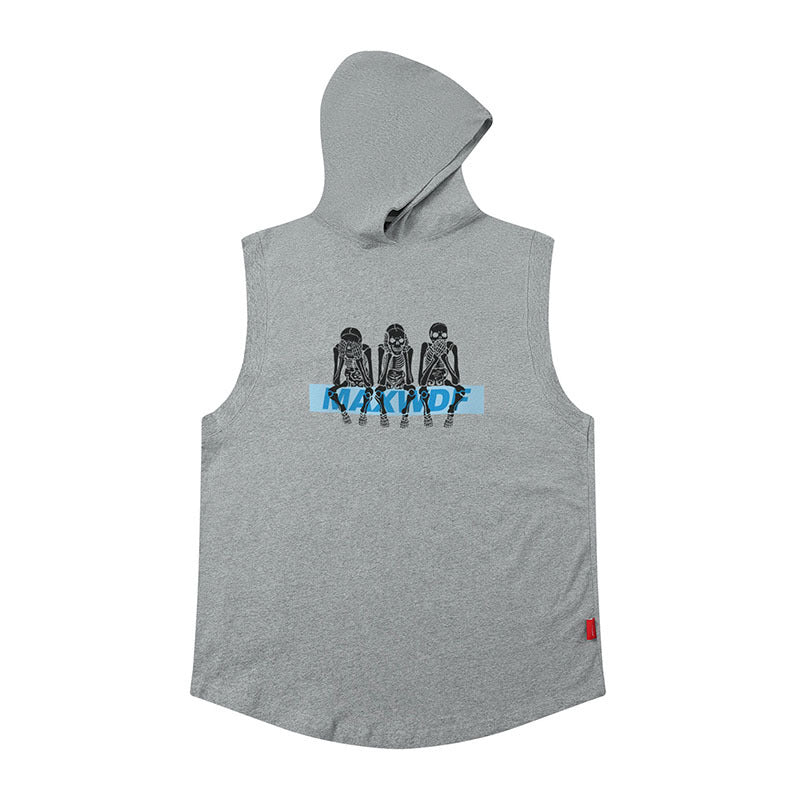 Men Vest Retro Hooded Vest Hip Hop Oversize Sleeveless T-shirt