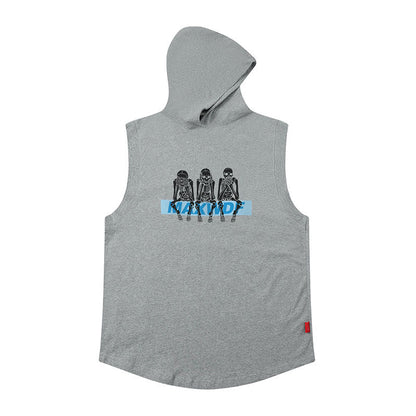Men Vest Retro Hooded Vest Hip Hop Oversize Sleeveless T-shirt