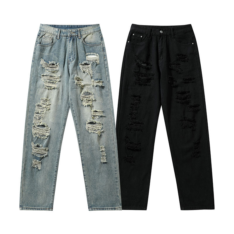 Men Jeans Ripped Jeans Vintage Distressed Straight-Leg Denim Trousers