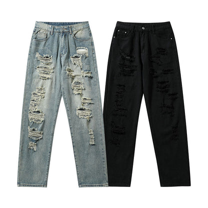 Men Jeans Ripped Jeans Vintage Distressed Straight-Leg Denim Trousers