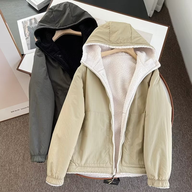Women Cotton Coat Warm Faux Cashmere Hooded Jacket
