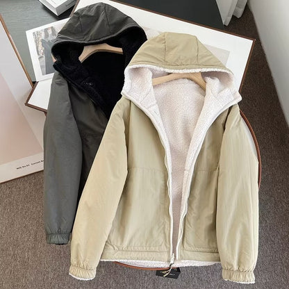 Women Cotton Coat Warm Faux Cashmere Hooded Jacket