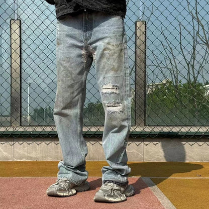MIJKO Men's Vintage Pants MIJKO Men's Women's Micro-pull Pants Old Splicing Jeans