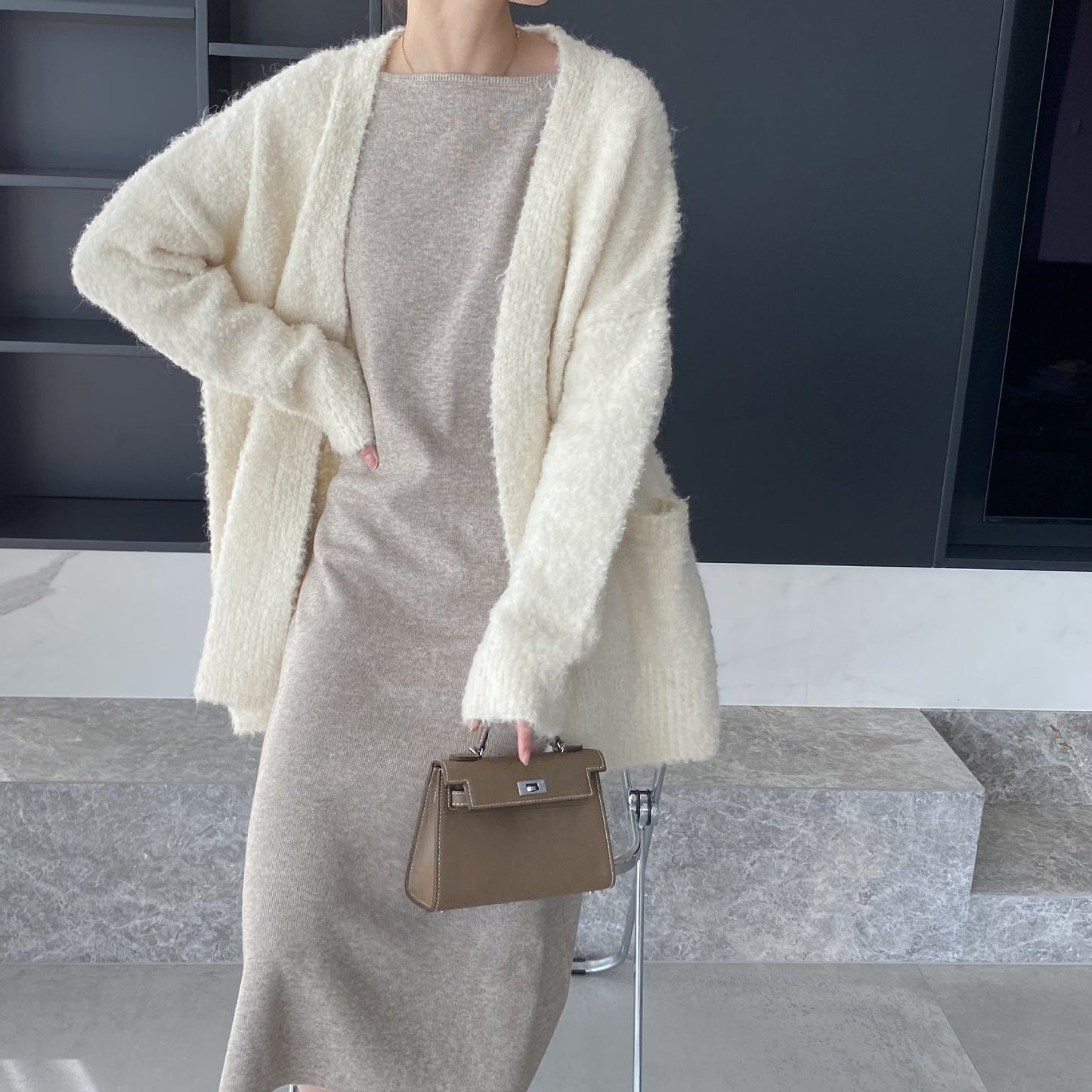 Women Cardigan Sweater V-neck Cardigan Jacket Long-Sleeved Loose Sweater Women's Mid-Length Coat 3t667
