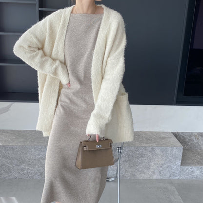 Women Cardigan Sweater V-neck Cardigan Jacket Long-Sleeved Loose Sweater Women's Mid-Length Coat 3t667