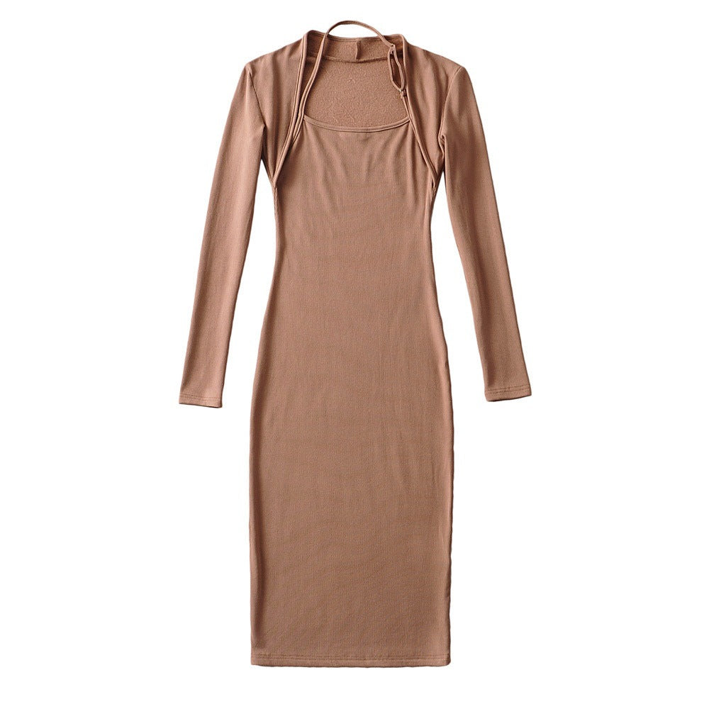 Women Dresses Fashion Fake Two Pieces Long Sleeve Stretch Dress