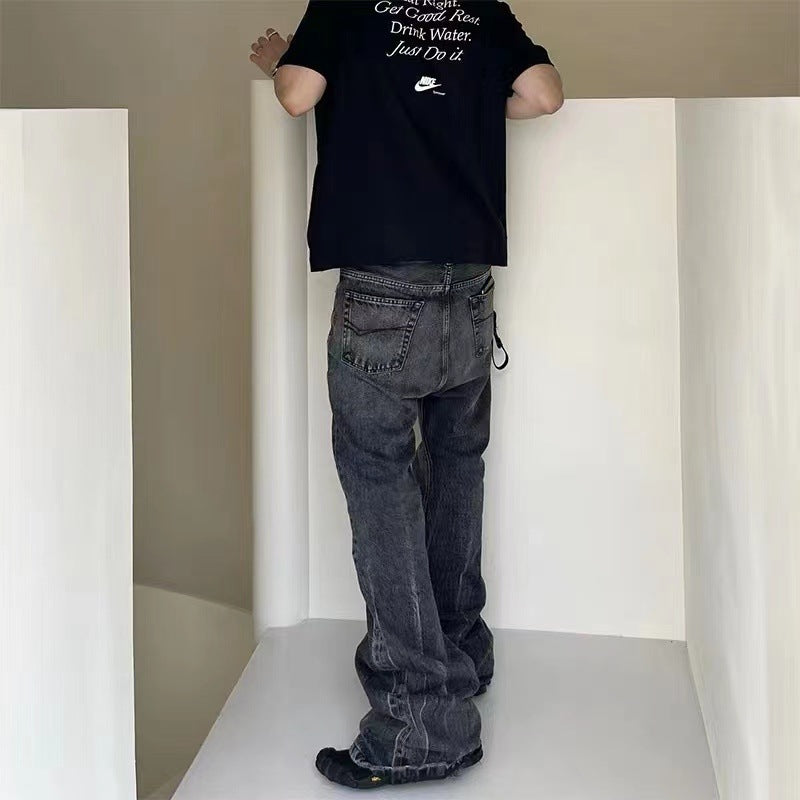 Men Jeans Retro Bell-Bottom Pants Cat Beard Washed Loose Jeans