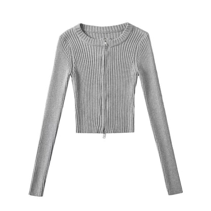 Women Tops Spring/Summer Double Zipper Knitted Cardigan Short Top
