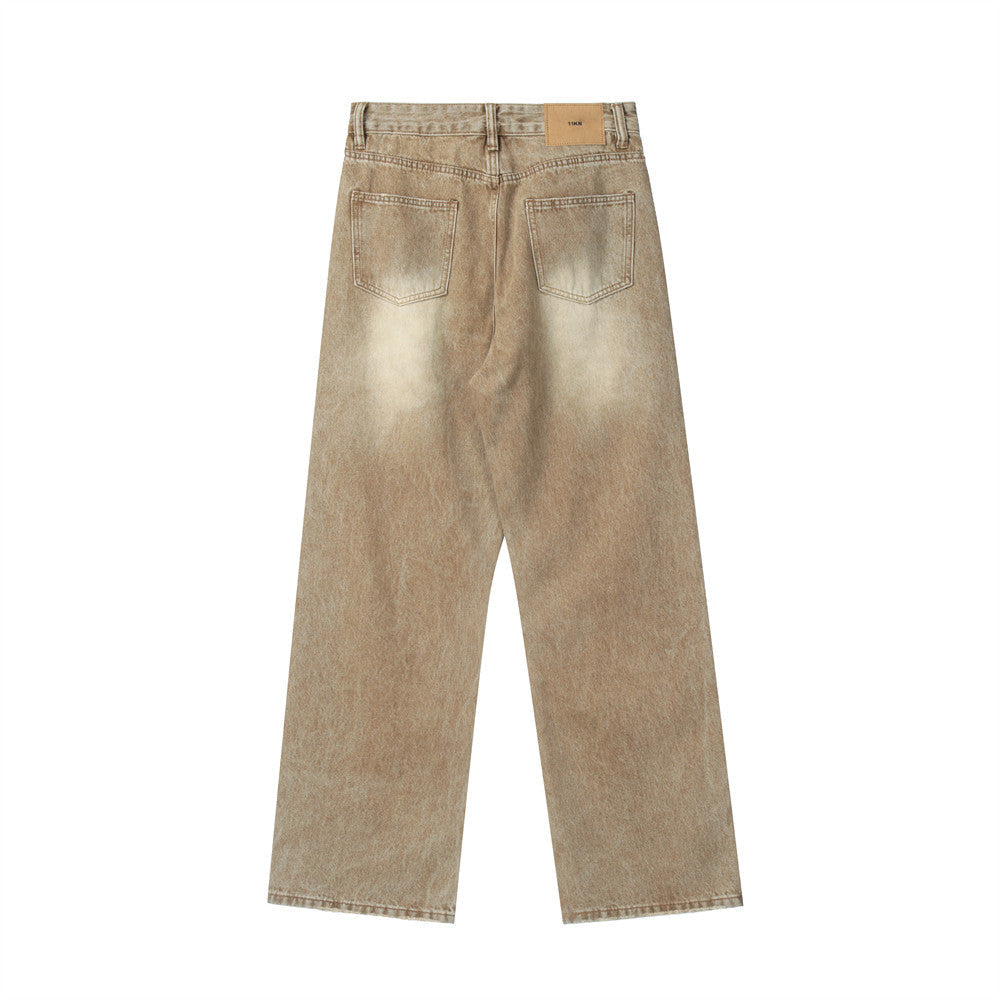Men Jeans Vintage Washed Straight Wide Leg Loose and Simple
